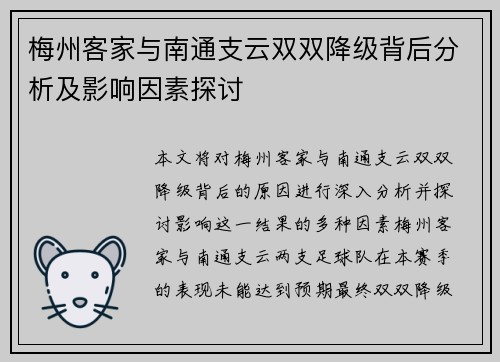 梅州客家与南通支云双双降级背后分析及影响因素探讨